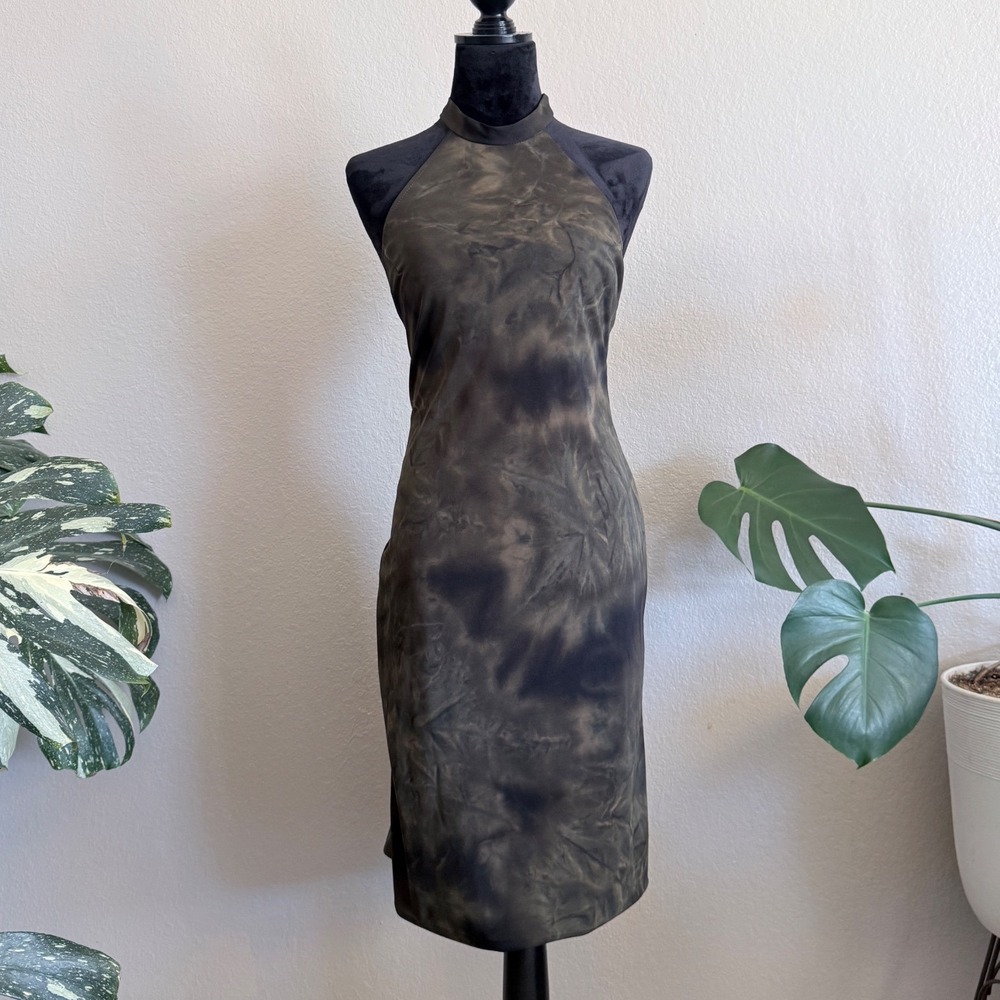 Vintage Next Up Y2K Halter Midi Dress Olive Green Black Tie Dye Sheath Size 8